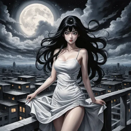 Prompt: Tomie in a terrace in the Edge of times. Galaxies around. Complex skies. Dynamic, Fierce, Dominant, long black hair, spiral city lights buildings backgroud, spiral swirly clouds, night, moon, big glutes, big chest,  full body, high heels, dress, under clouds, finely illustrated face, painting of beautiful, wind swept, Black and white painting, bursh stroke, exquisite, multiple layers, an ultra fine detailed, trending on cg society,  poetic detailed, uzumaki manga style, junji ito style