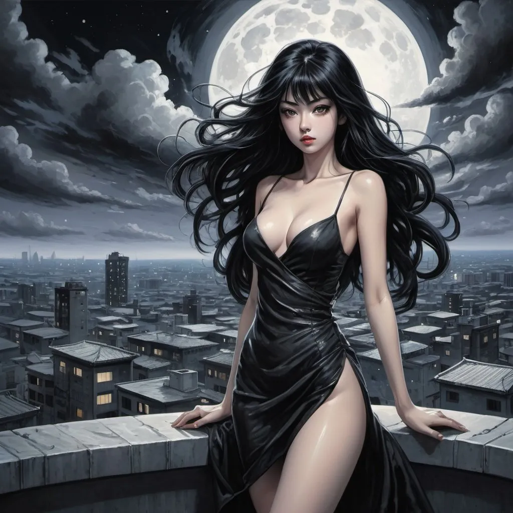 Prompt: Tomie in a terrace in the Edge of times. Galaxies around. Complex skies. Dynamic, Fierce, Dominant, long black hair, spiral city lights buildings backgroud, spiral swirly clouds, night, moon, big glutes, big chest,  full body, high heels, dress, under clouds, finely illustrated face, painting of beautiful, wind swept, Black and white painting, bursh stroke, exquisite, multiple layers, an ultra fine detailed, trending on cg society,  poetic detailed, uzumaki manga style, junji ito style