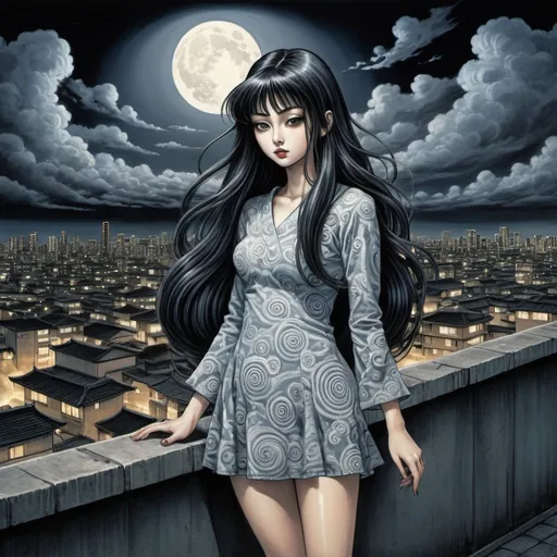 Prompt: Tomie standing in terrace, long spiral hair, full body, high heels, style by junji ito, uzumaki world background, finely illustrated face, painting of beautiful, wind swept, bursh stroke, exquisite, multiple layers, an ultra fine detailed,  poetic detailed, japanese spiral city, spiral clouds, night, moon, moonlight,