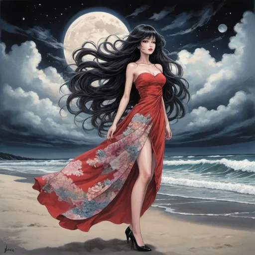 Prompt: Tomie in the Edge of times. Galaxies around. Complex skies. Create an elegant picture with a floral pattern and soft pastel colors. Dynamic, Fierce, Dominant. standing in the beach, long black hair, city lights buidings backgroud, harmony of swirly clouds, night, moon, big glutes, big chest,  full body, high heels, red dress, waves, under clouds, finely illustrated face, painting of beautiful, wind swept, style by junji ito