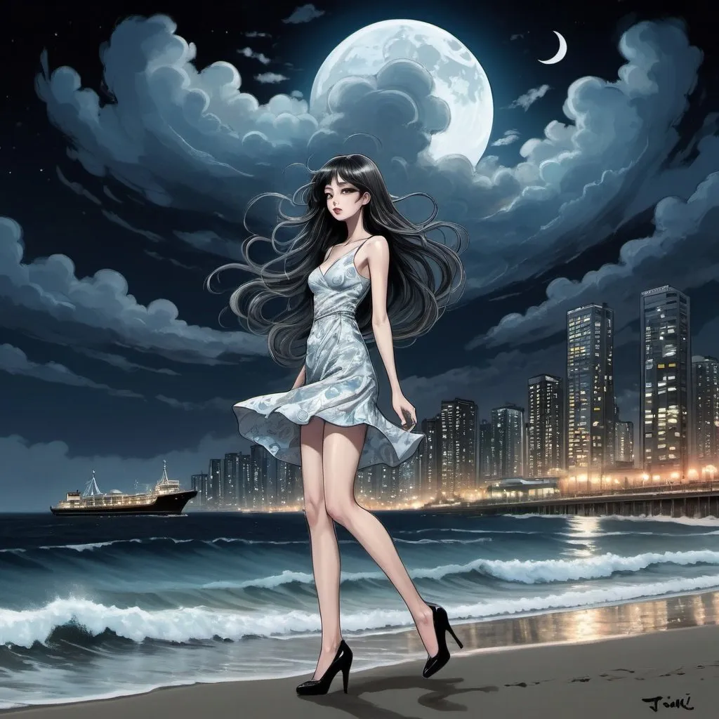 Prompt: a woman that is standing in the beach, long hair, city lights buidings backgroud, digital art, junji ito style, harmony of swirly clouds, ship, night, moon, full body of Tomie  with high heels, trending at cgstation, waves, under clouds, finely illustrated face, painting of beautiful, wind swept