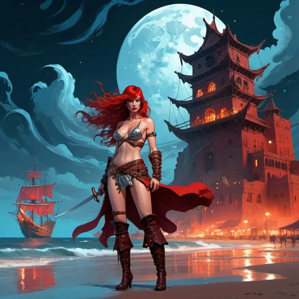 Prompt: a woman that is standing in the beach, ancient city lights palace buidings backgroud, digital art, harmony of swirly clouds, pirate ship, night, moon, style of kilian Eng, full body of red sonja with high boots, trending at cgstation, waves, under clouds, finely illustrated face, painting of beautiful, wind swept