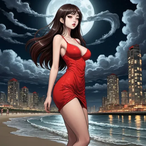 Prompt: junji ito girl that are standing in the beach, long hair, city lights buidings backgroud, digital art, junji ito style, harmony of swirly clouds, night, moon, big glutes, big chest,  full body  with high heels, red dress, trending at cgstation, waves, under clouds, finely illustrated face, painting of beautiful, wind swept, 