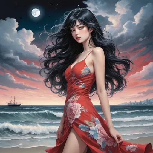 Prompt: Tomie in the Edge of times. Galaxies around. Complex skies. Create an elegant picture with a floral pattern and soft pastel colors. Dynamic, Fierce, Dominant. standing in the beach, long black hair, city lights buidings backgroud, harmony of swirly clouds, night, moon, big glutes, big chest,  full body, high heels, red dress, waves, under clouds, finely illustrated face, painting of beautiful, wind swept, style by Kentaro Miura