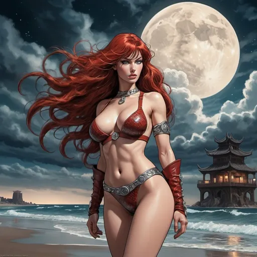 Prompt: Red Sonja in the Edge of times. Galaxies around. Complex skies. Dynamic, Fierce, Dominant. standing in the beach, long hair, ancient city lights buidings backgroud, digital art, junji ito style, harmony of swirly clouds, night, moon, big glutes, big chest,  full body with high heels, trending at cgstation, waves, under clouds, finely illustrated face, painting of beautiful, wind swept,