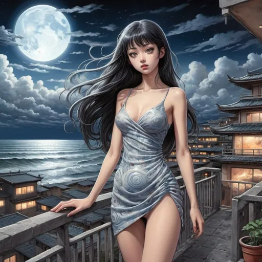 Prompt: Tomie standing in a terrace in the Edge of times. Beach background. Galaxies around. Complex skies. Spiral city lights, spiral clouds, Big glutes, big chest, spiral long hair, full body wearing high heels, dress, waves, under clouds, finely illustrated face, painting of beautiful, wind swept, bursh stroke, exquisite, multiple layers, an ultra fine detailed, trending on cg society,  poetic detailed, style by junji ito, uzumaki world background
