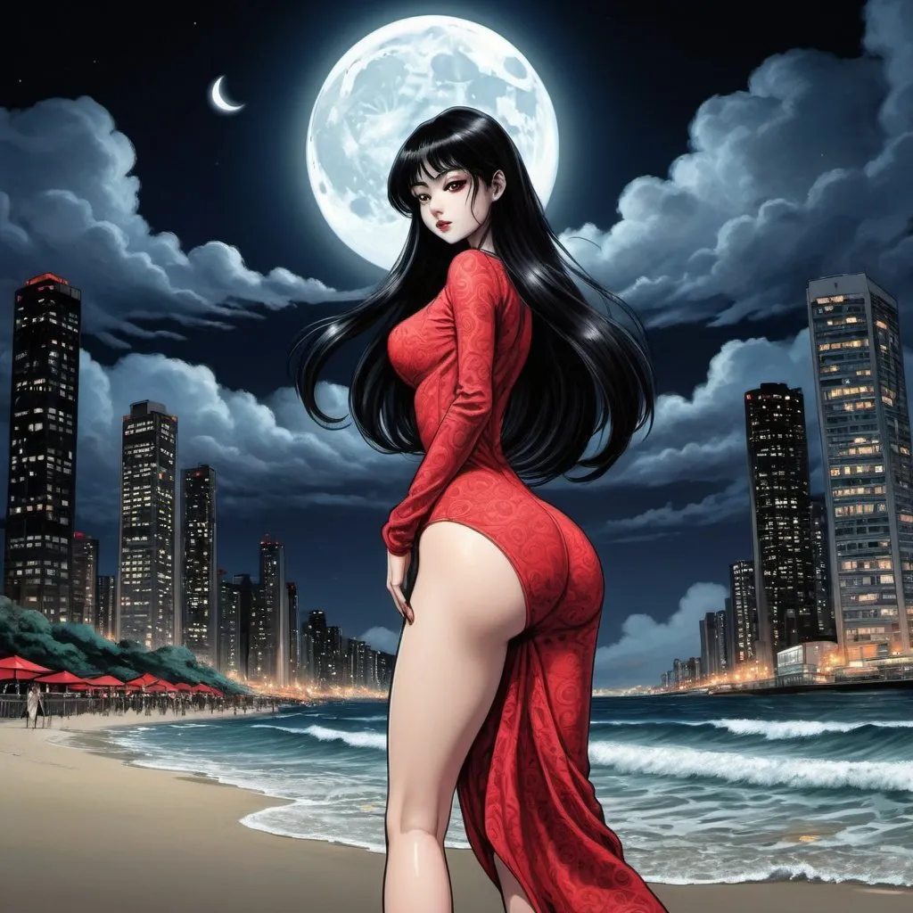 Prompt: junji ito Tomie standing in the beach, long hair, city lights buidings backgroud, digital art, junji ito style, harmony of swirly clouds, night, moon, big glutes, big chest,  full body  with high heels, red dress, trending at cgstation, waves, under clouds, finely illustrated face, painting of beautiful, wind swept, 