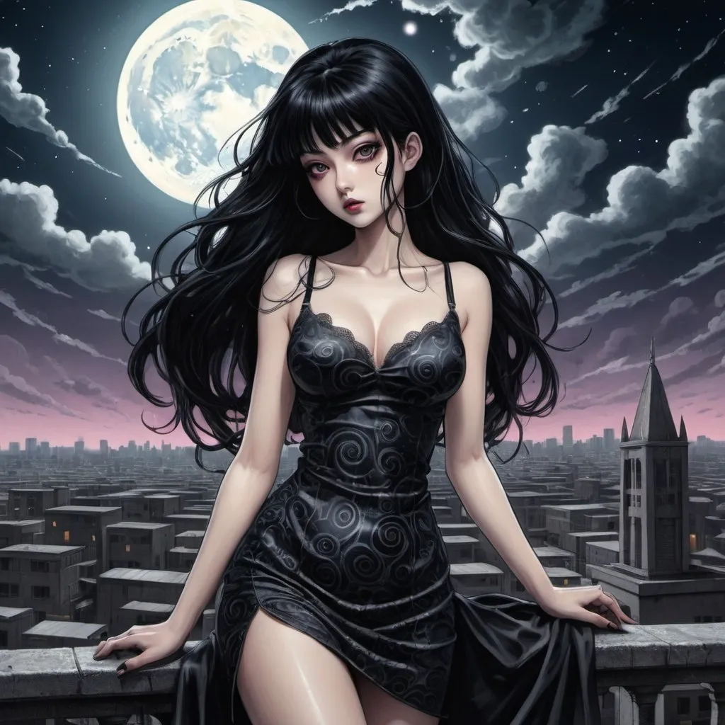 Prompt: Tomie standing in a terrace in the Edge of times. Galaxies around. Complex skies. Dynamic, Fierce, Dominant, long black hair, spiral city lights buildings backgroud, spiral swirly clouds, night, moon, big glutes, big chest,  full body, high heels, dress, under clouds, finely illustrated face, painting of beautiful, wind swept, an ultra fine detailed,  poetic detailed, ultra-detailed 4k digital concept art, colourful, muted, great artist,poster design, ink drawing, masterful coloring, digital art digital illustration ink drawing, shadow depth, volumetric lighting detailed 1420, 8k resolution, poster art, heavy shading,highlights, smokey, shadowy, 4k, high quality, HD wallpaper, colored ink art, realistic, great artist detailed HD. overall aesthetic, style colored ink art style, 8k, drawn in a style that incorporates elements of (((gothic manga))), tomie, full body, uzumaki manga style, junji ito style,