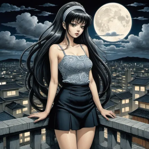 Prompt: Tomie standing in terrace, long spiral hair with headband, full body wearing high heels, big glutes, style by junji ito, uzumaki world background, finely illustrated face, painting of beautiful, wind swept, bursh stroke, exquisite, multiple layers, an ultra fine detailed,  poetic detailed, japanese spiral city, spiral clouds, night, moon, moonlight,