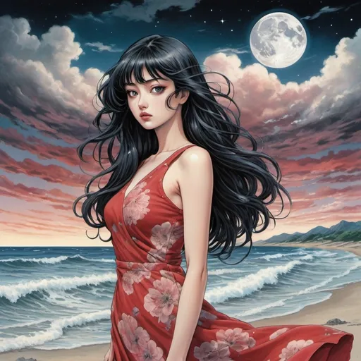 Prompt: Tomie in the Edge of times. Galaxies around. Complex skies. Create an elegant picture with a floral pattern and soft pastel colors. Dynamic, Fierce, Dominant. standing in the beach, long black hair, city lights buidings backgroud, harmony of swirly clouds, night, moon, big glutes, big chest,  full body, high heels, red dress, waves, under clouds, finely illustrated face, painting of beautiful, wind swept, style by junji ito, manga cover, film poster