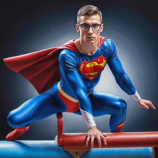 Prompt: Gymnast Stephen Nedoroscik, USA red white blue gymnast suit, black rimmed glasses, superman cape, on a pommel horse Hyperrealistic, splash art, concept art, mid shot, intricately detailed, color depth, dramatic, 2/3 face angle, side light, colorful background