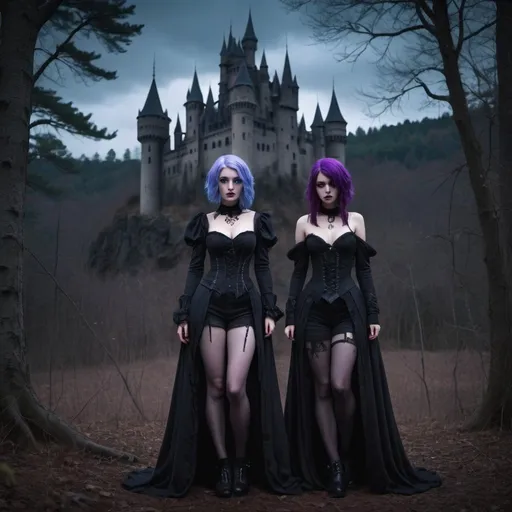 Prompt: young goth girls with huge chests, blue eyes, purple hair, a dark foreboding forest, and castle in the background, night, Full length body shot 