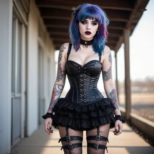 Prompt: Girl with blue and purple hair, wearing black corset and ruffled skirt, black eye makeup and deep red lipstick, black fishnet tights and combat boots full length body shot 