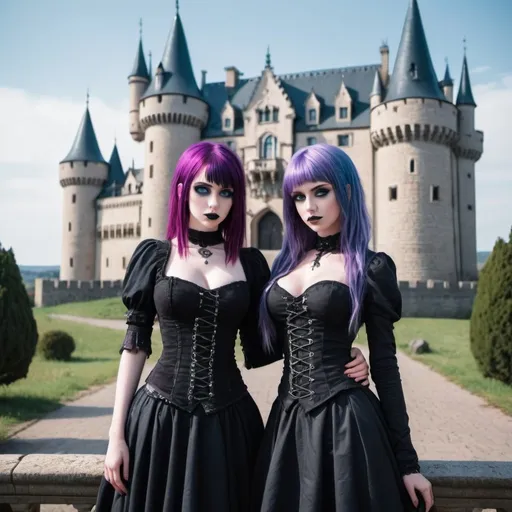 Prompt: young goth girls with huge chests, blue eyes, purple hair, a castle in the background, Full length body shot 