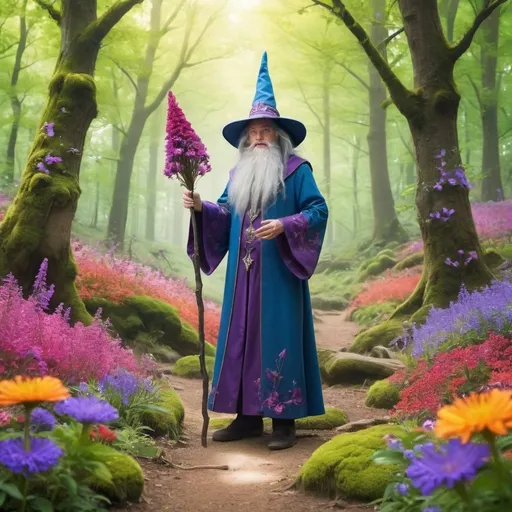 Prompt: A wizzard in a bright forest setting with flowers all around