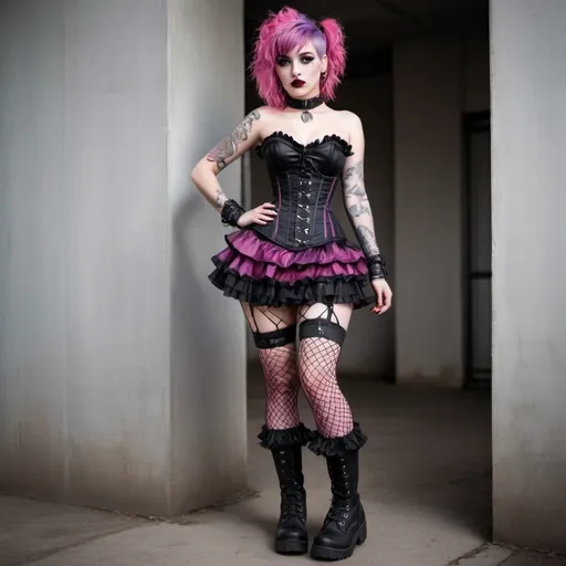 Prompt: Girl with pink and purple hair, wearing black corset and ruffled skirt, black eye makeup and deep red lipstick, black fishnet tights and combat boots full length body shot 