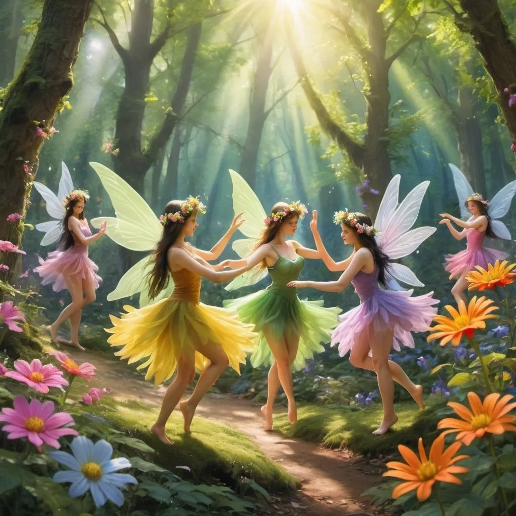 Prompt: fairies dancing in a bright forest setting with flowers all around