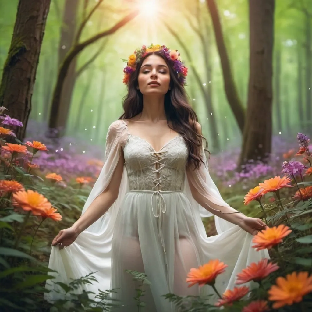 Prompt: A magical woman in a bright forest setting with flowers all around