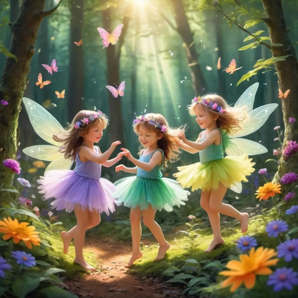 Prompt: Little girl fairies dancing in a bright forest setting with flowers all around