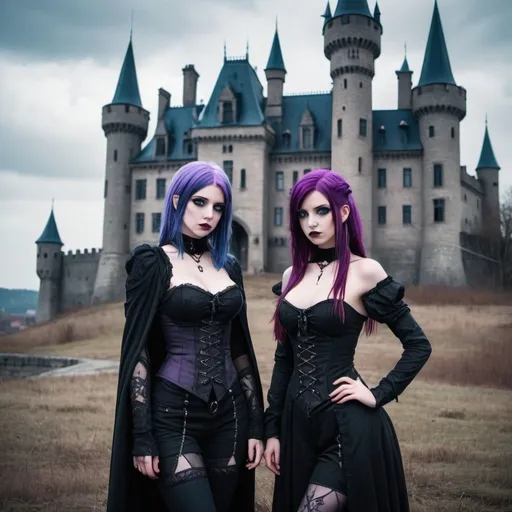 Prompt: young goth girls with huge chests, blue eyes, purple hair, a dark foreboding castle in the background, Full length body shot 