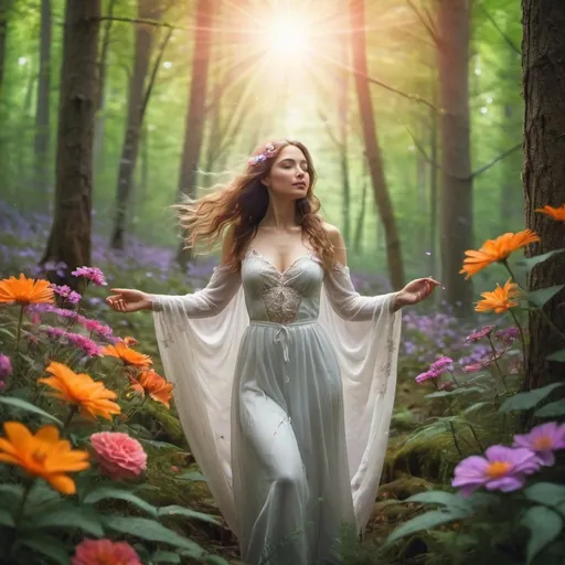 Prompt: A magical woman in a bright forest setting with flowers all around