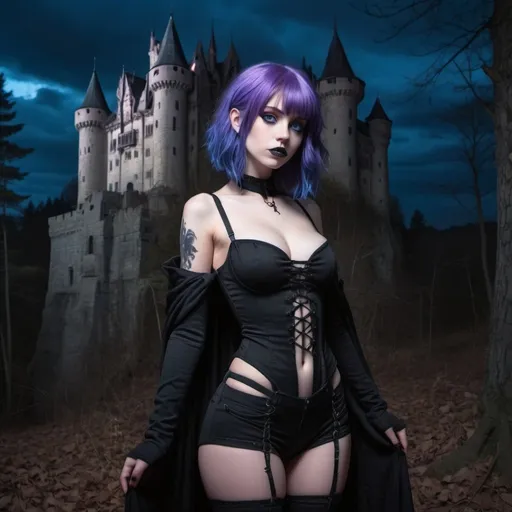 Prompt: Bare young goth girls with huge chests, blue eyes, purple hair, a dark foreboding forest at night, and castle in the background, Full length body shot 