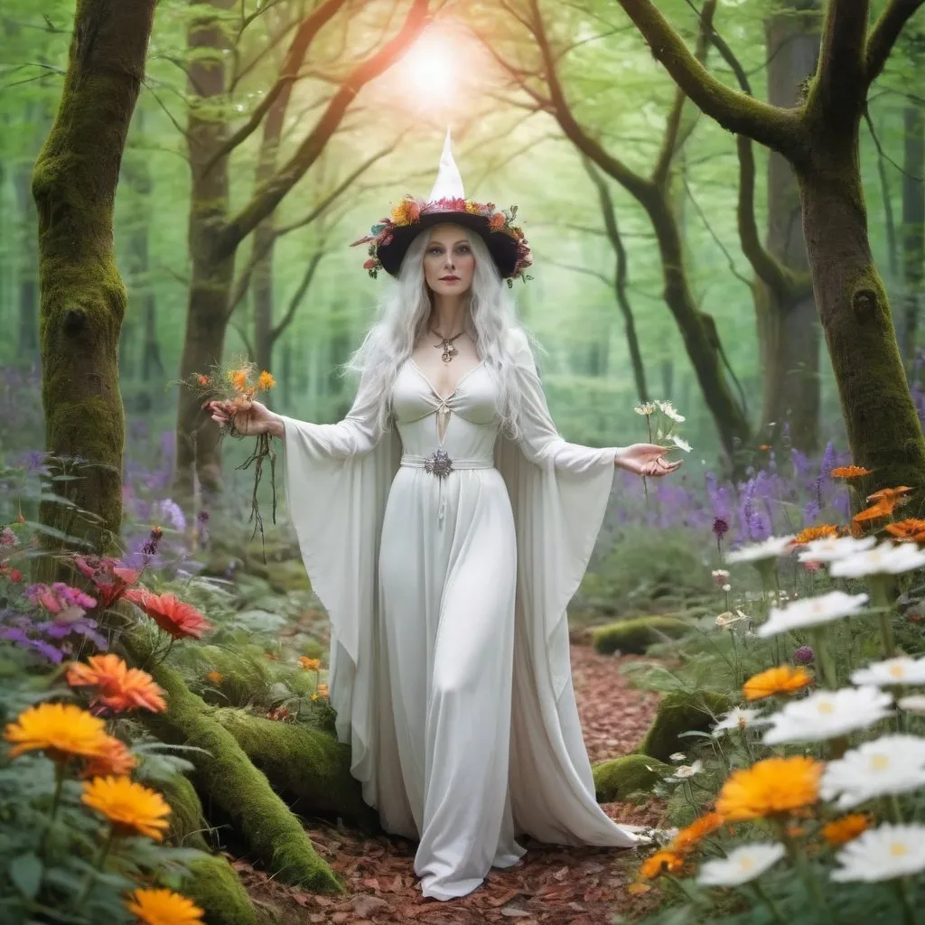 Prompt: A white witch in a bright forest setting with flowers all around