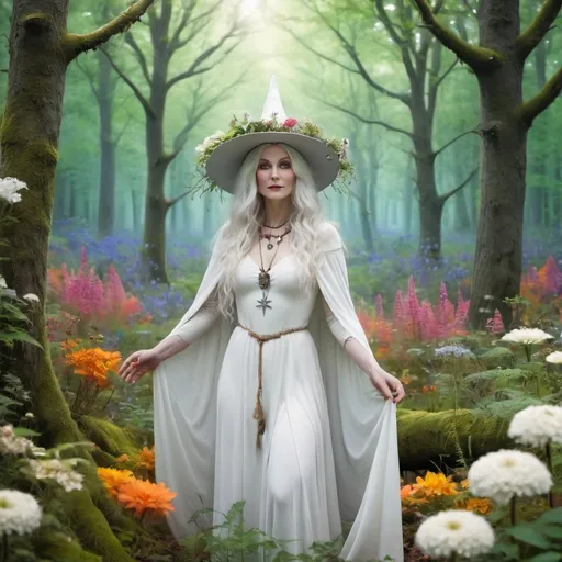 Prompt: A white witch in a bright forest setting with flowers all around