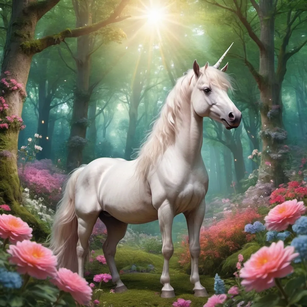 Prompt: A magical unicorn in a bright forest setting with flowers all around