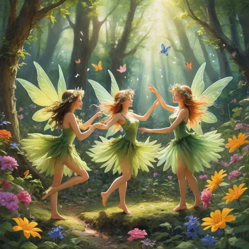 Prompt: fairies dancing in a bright forest setting with flowers all around