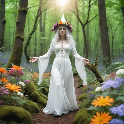 Prompt: A white witch in a bright forest setting with flowers all around