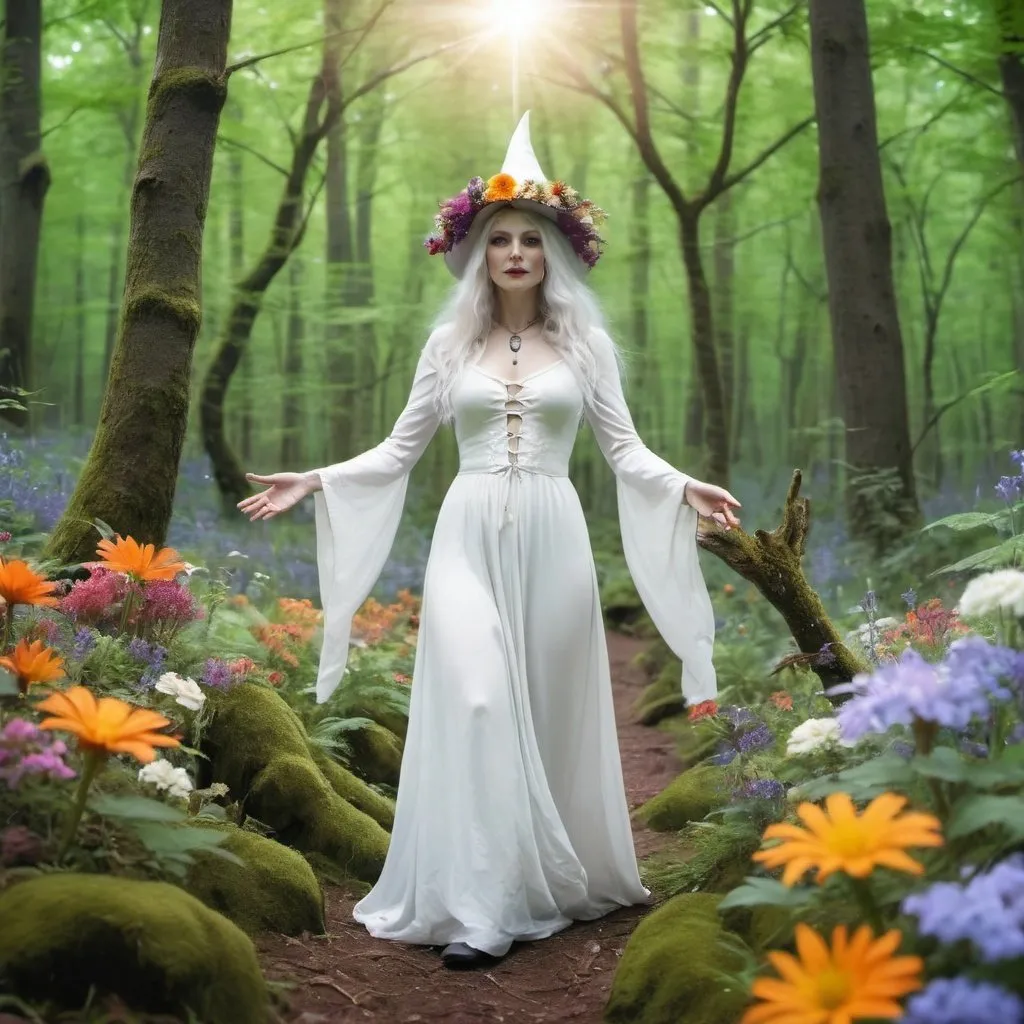 Prompt: A white witch in a bright forest setting with flowers all around