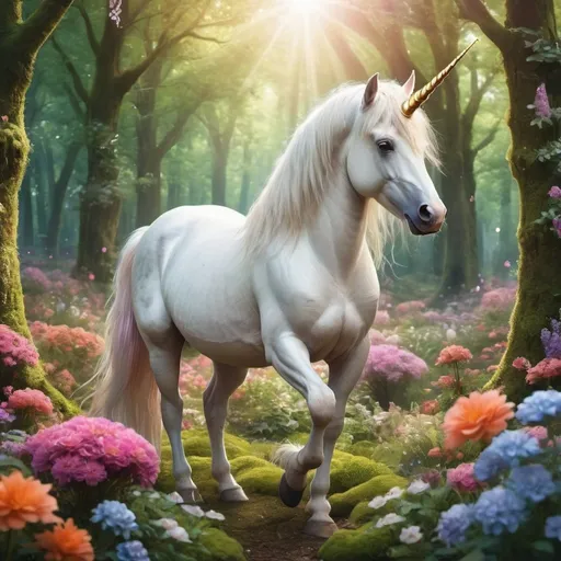 Prompt: A magical unicorn in a bright forest setting with flowers all around