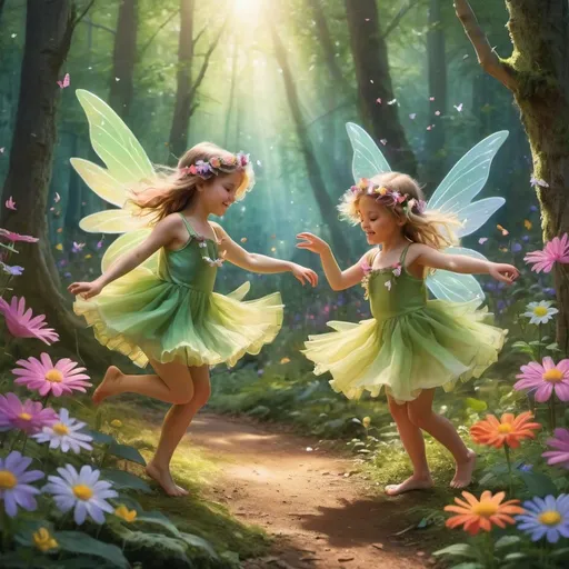 Prompt: Little girl fairies dancing in a bright forest setting with flowers all around