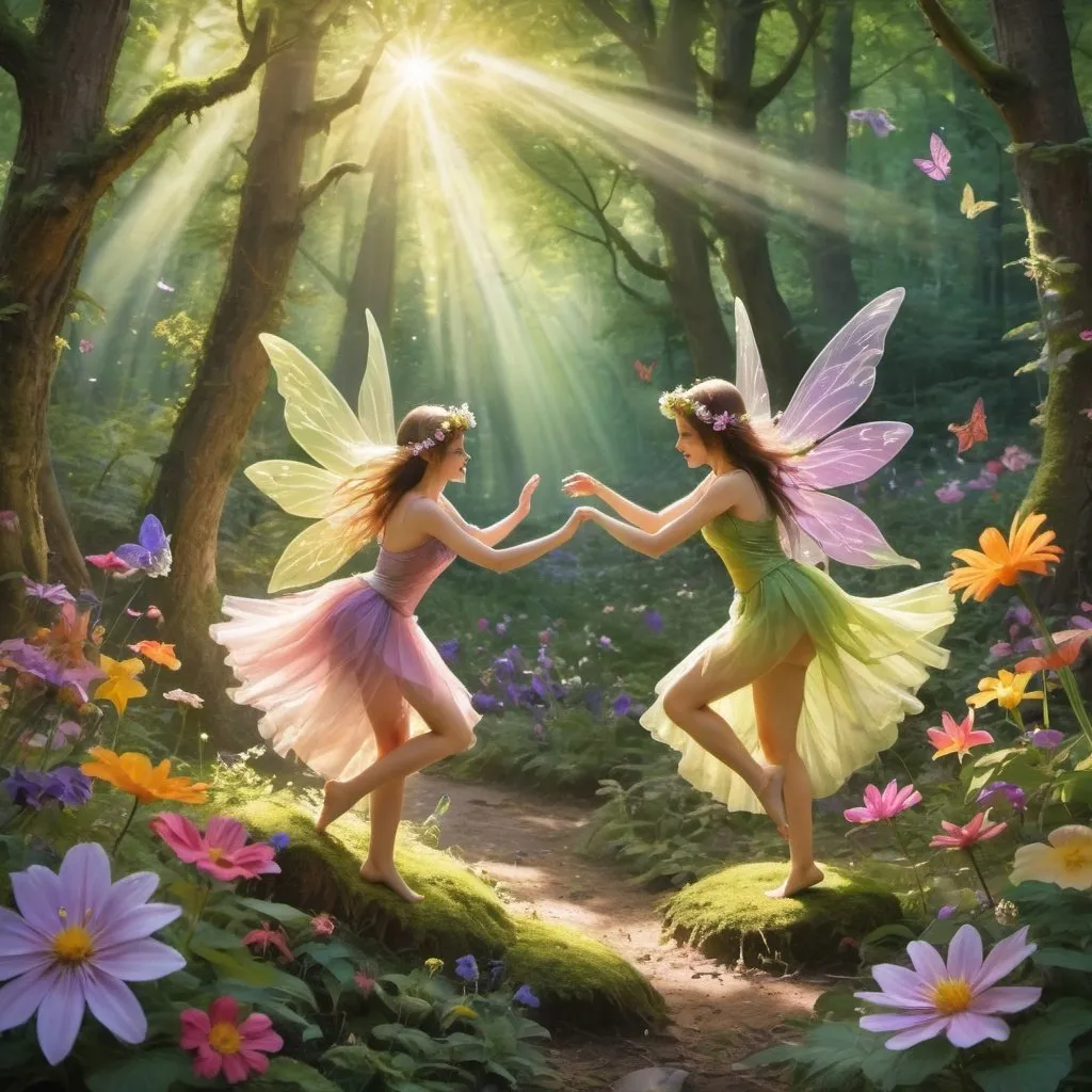 Prompt: fairies dancing in a bright forest setting with flowers all around