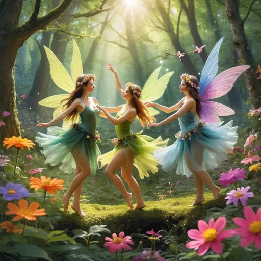 Prompt: fairies dancing in a bright forest setting with flowers all around