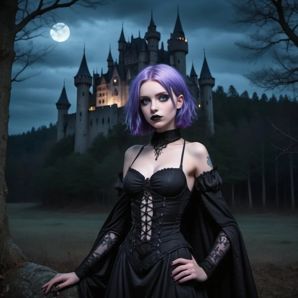 Prompt: Bare young goth girls with huge chests, blue eyes, purple hair, a dark foreboding forest at night, and castle in the background, Full length body shot 