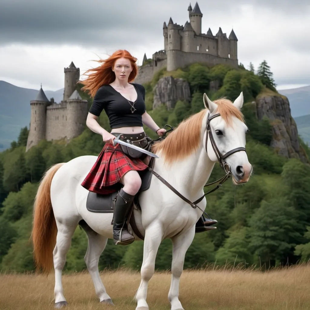 Prompt: Ginger haired woman with big chest wearing red tartan kilt riding a horse and holding aloft a mighty sword in a mountain setting and stone castle in background full length body shot 