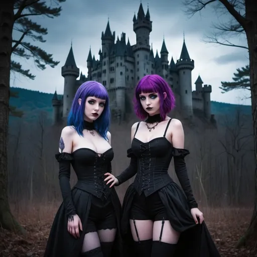 Prompt: young goth girls with huge chests, blue eyes, purple hair, a dark foreboding forest, and castle in the background, night, Full length body shot 