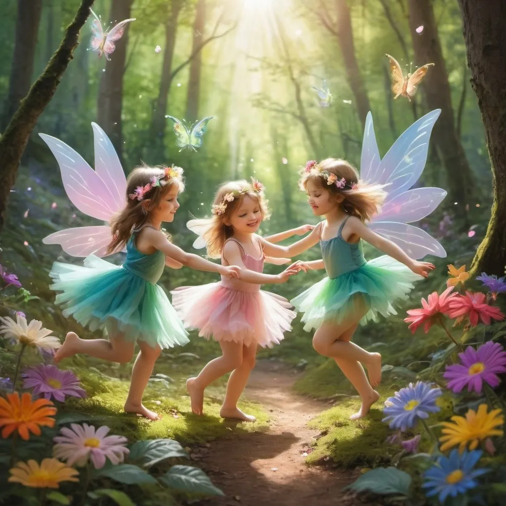 Prompt: Little girl fairies dancing in a bright forest setting with flowers all around