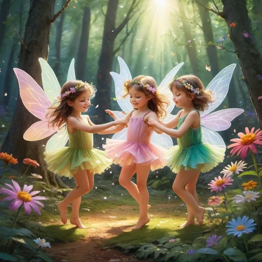 Prompt: Little girl fairies dancing in a bright forest setting with flowers all around