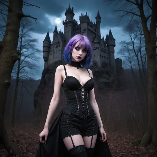 Prompt: Bare young goth girls with huge chests, blue eyes, purple hair, a dark foreboding forest at night, and castle in the background, Full length body shot 