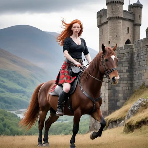 Prompt: Ginger haired woman with big chest wearing red tartan kilt riding a horse and holding aloft a mighty sword in a mountain setting and stone castle in background full length body shot 