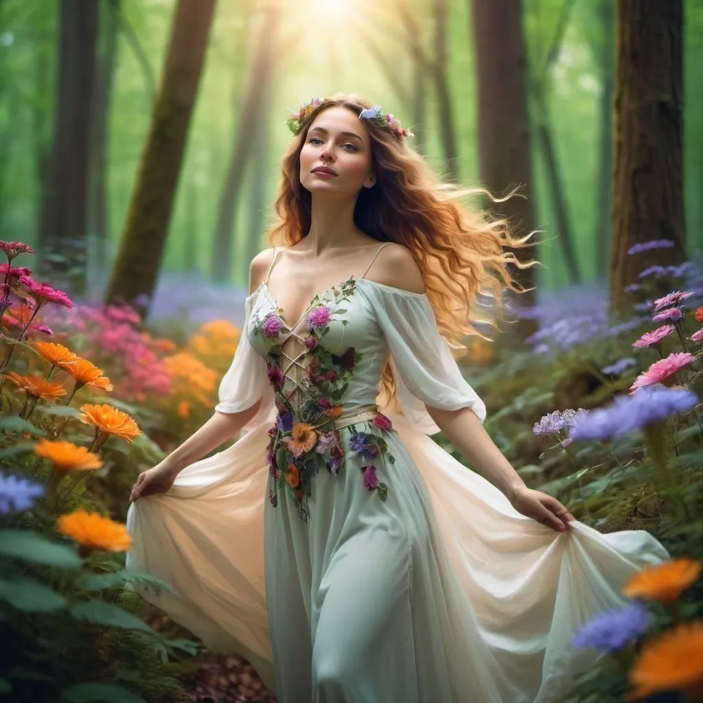 Prompt: A magical woman in a bright forest setting with flowers all around