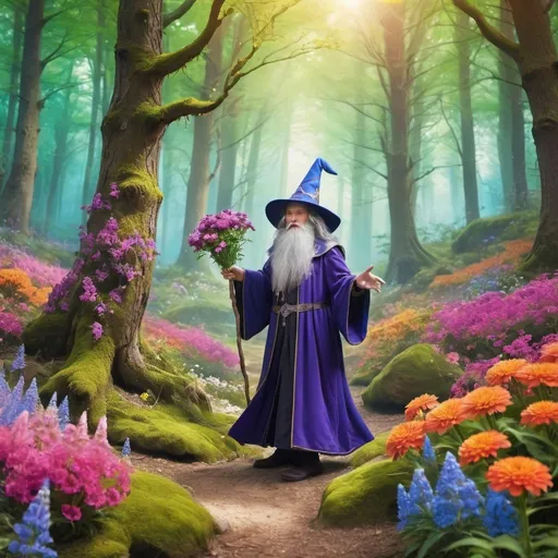 Prompt: A wizzard in a bright forest setting with flowers all around