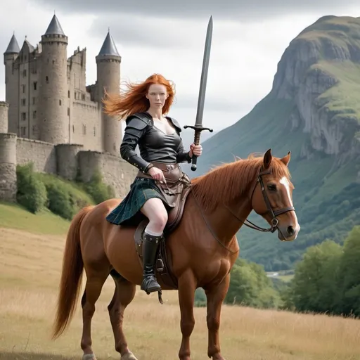 Prompt: Ginger haired woman with big chest wearing kilt riding a horse and holding aloft a mighty sword in a mountain setting and stone castle in background full length body shot 