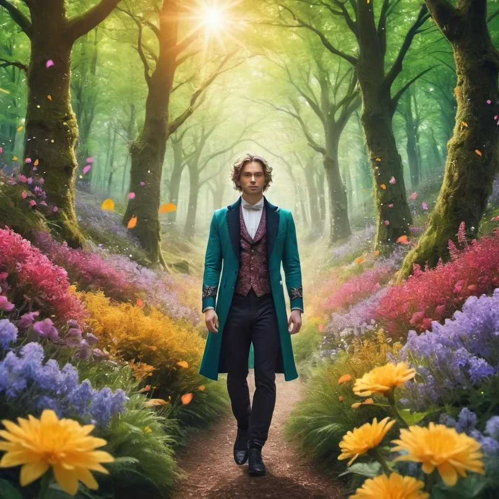 Prompt: A magical man in a bright forest setting with flowers all around