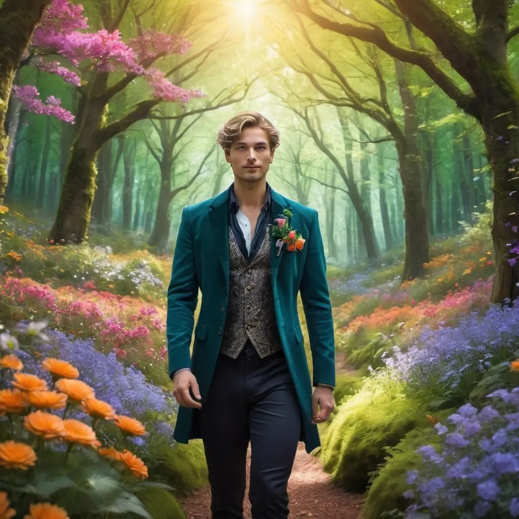 Prompt: A magical man in a bright forest setting with flowers all around