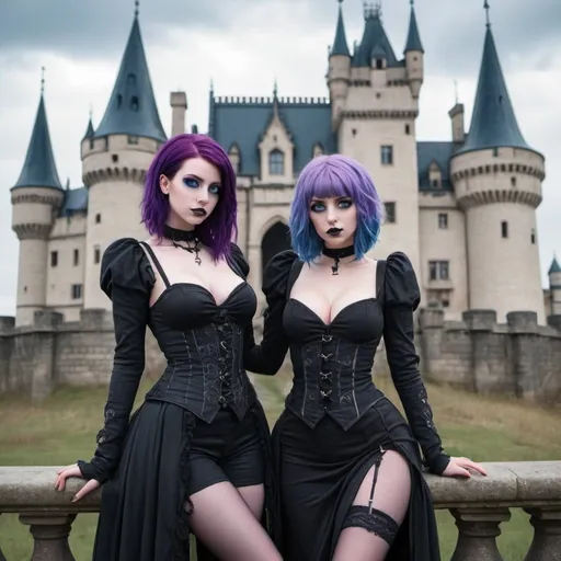 Prompt: young goth girls with huge chests, blue eyes, purple hair, a castle in the background, Full length body shot 