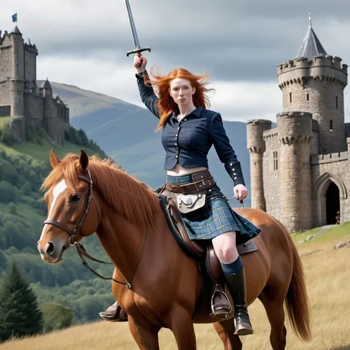 Prompt: Ginger haired woman with big chest wearing blue tartan kilt riding a horse and holding aloft a mighty sword in a mountain setting and stone castle in background full length body shot 